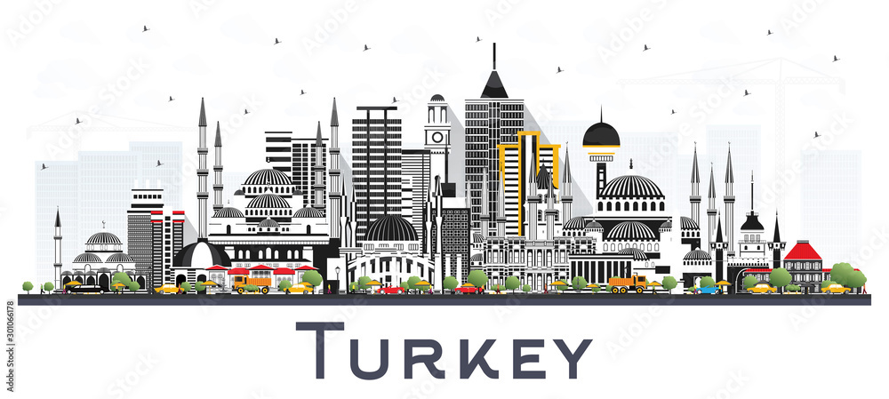 Turkey City Skyline with Color Buildings Isolated on White.