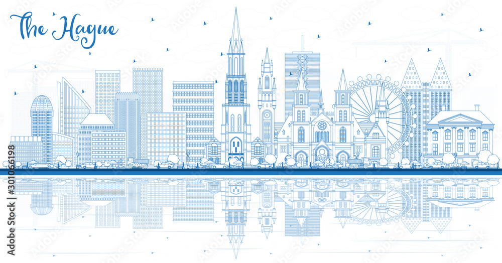 Outline The Hague Netherlands City Skyline with Blue Buildings and Reflections.