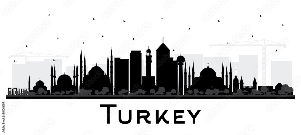 Turkey City Skyline Silhouette with Black Buildings Isolated on White.