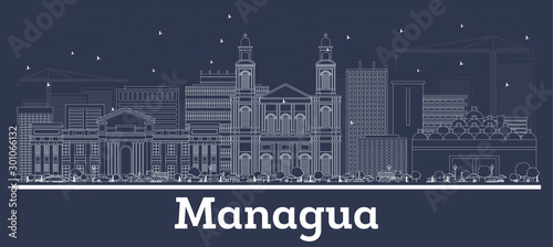 Outline Managua Nicaragua City Skyline with White Buildings.