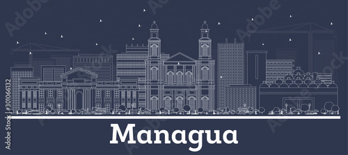 Tableau sur toile Outline Managua Nicaragua City Skyline with White Buildings.