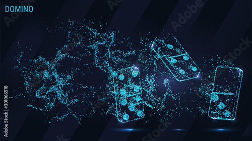 Domino of particles. Domino consists of dots and circles. Blue Domino on dark background.