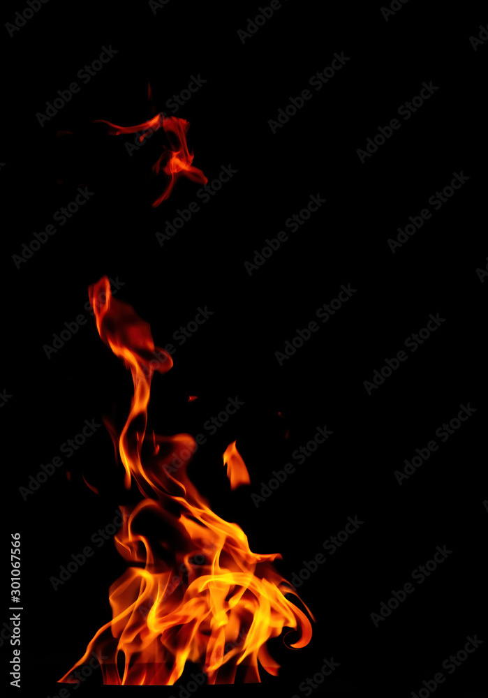 Fototapeta premium Fire flame isolated on black background. Beautiful yellow, orange and red spurts of flame.