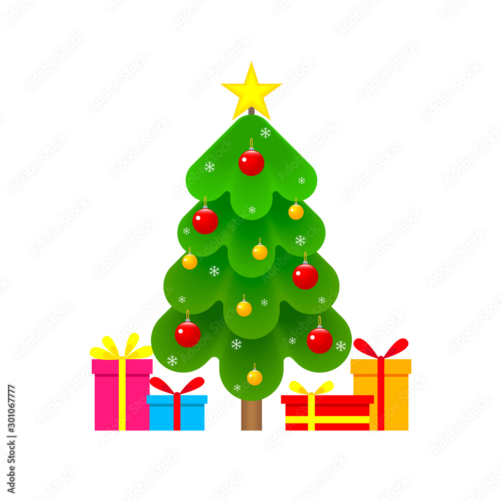 Cartoon christmas tree card with gifts and star. Traditional winter christmas vector illustration with presents, spruce and snowflakes on background Cartoon christmas tree card with gifts and star. Traditional winter christmas vector illustration with presents, spruce and snowflakes on background