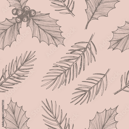 Hand drawn Christmas seamless pattern. Vector background with conifer branches and holly leaves.