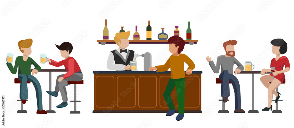 People drink beer at tables with high chairs. The visitor waits while the bartender pours beer at the bar counter with shelves. The couple has a date. Friends are talking. Vector flat illustration
