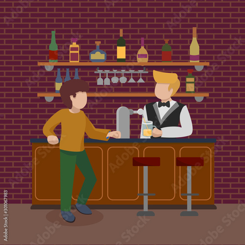 Young man standing at bar counter. Boy orders a glass of foamy light beer. Pub bartender serving client. Barman pours alcohol. Bar beer tap pump, stools, bottles of wines. Flat vector illustration