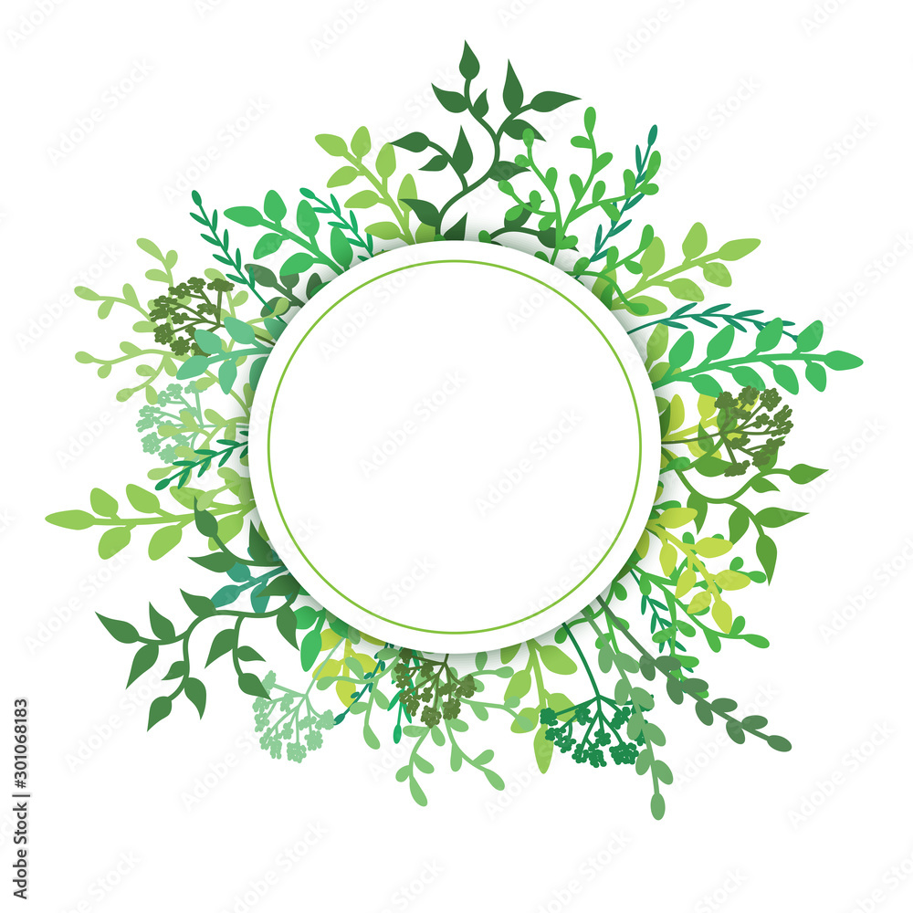 Fototapeta Earth Day banner with colorful spring leaves. Vector frame in green foliage. Round natural border. Decorative greeting card or botanic invitation design background. Ad Illustration template.