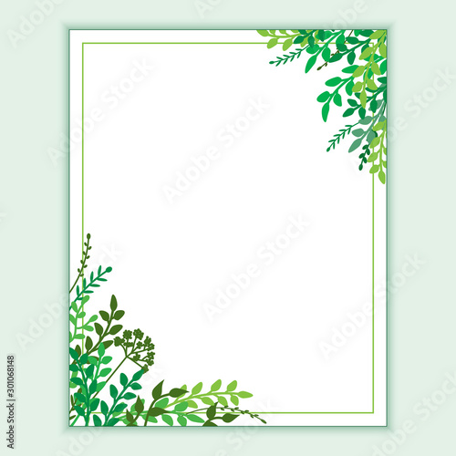 Earth Day banner with spring green leaves, branches. Wedding floral invitation, save the date card design with forest greenery herbs, foliage. Vector frame natural, botanical border, corner template.