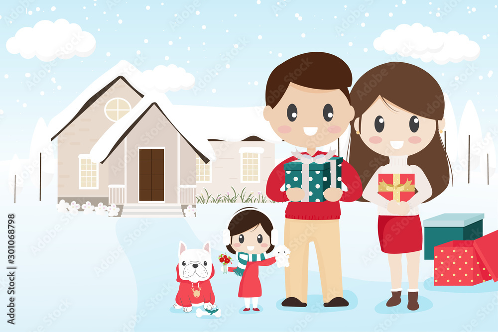 happy family with pet french bulldog on snowy Christmas boxing day eps10 vectors illustration