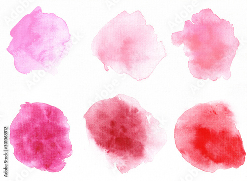 Set of watercolor abstract pink, red spots. Hand-drawn on paper. Valentine day.
