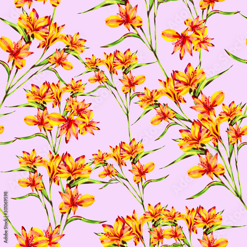 Watercolor alstroemeria flowers on a pink background seamless pattern