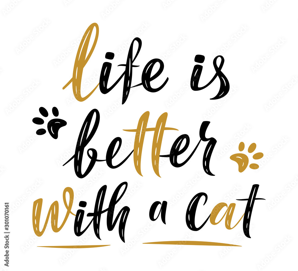 Life is better with a cat handwritten sign. Modern brush lettering. Cute slogan about cat. Cat lover. Textured phrase for poster design, card, t-shirt print or mug print. Vector isolated illustration Life is better with a cat handwritten sign. Modern brush lettering. Cute slogan about cat. Cat lover. Textured phrase for poster design, card, t-shirt print or mug print. Vector isolated illustration