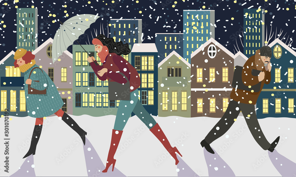 Φωτογραφία Walking people in the evening city - modern concept illustration of men and women walking under the snow on the street against the background of urban houses and glowing windows