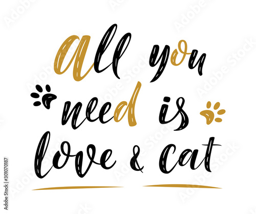 All you need is love   cat handwritten sign. Modern brush lettering. Cute slogan about cat. Cat lover. Textured phrase for poster design  card  t-shirt print or mug print. Vector isolated illustration