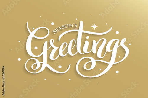 Season's Greetings brush calligraphy vector banner. Lettering winter frosty card white text on gold background. Christmas posters, cards, headers, website