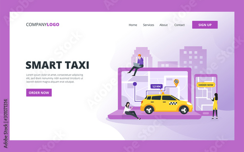 Smart taxi landing page design template. Car sharing service and online city transportation concept for website and mobile website development
