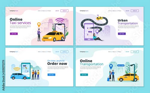 Set of web page design template for online taxi, car sharing service, mobile city transportation. Illustration for website and mobile website development
