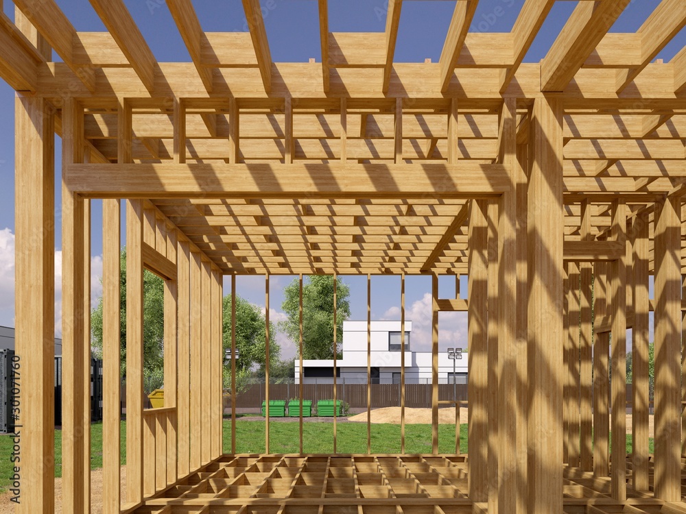 3d image of a frame building under construction. Detailed concept of construction. 3D illustration of frame house.