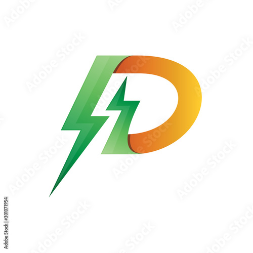 The modern logo of the initial letter D or P with the thunder symbol, the letter logo D, the letter logo P