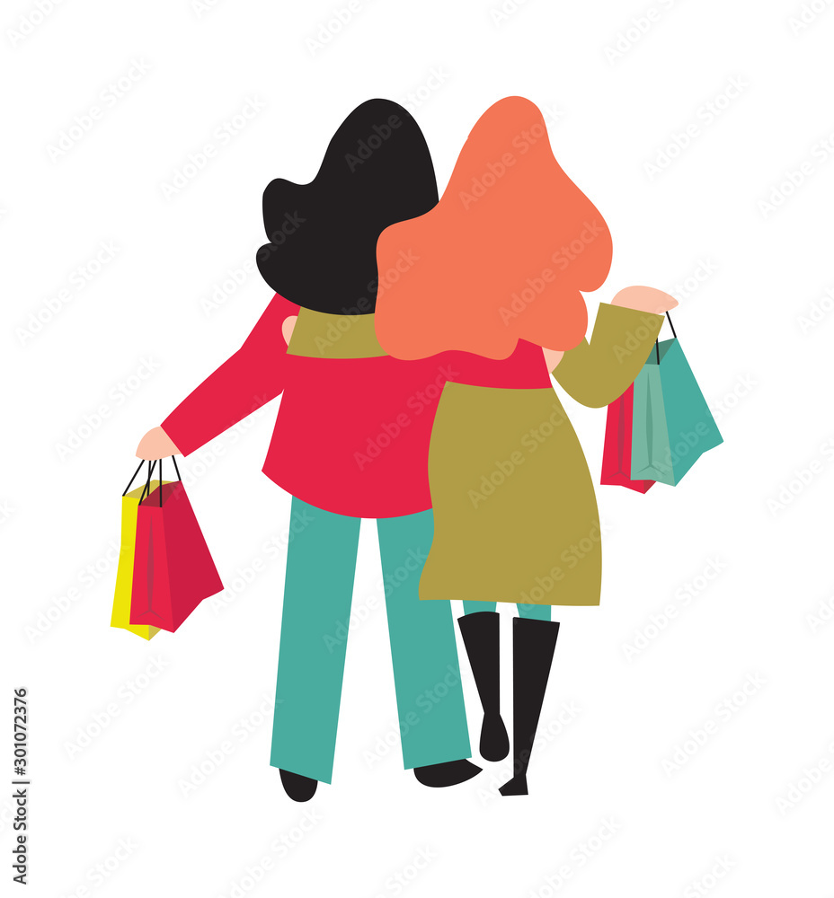 Back View Illustration of Female Shoppers Carrying Shopping Bags Back View Illustration of Female Shoppers Carrying Shopping Bags
