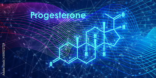 Progesterone hormone chemical molecular formula. Biochemistry and gynecology illustration. photo