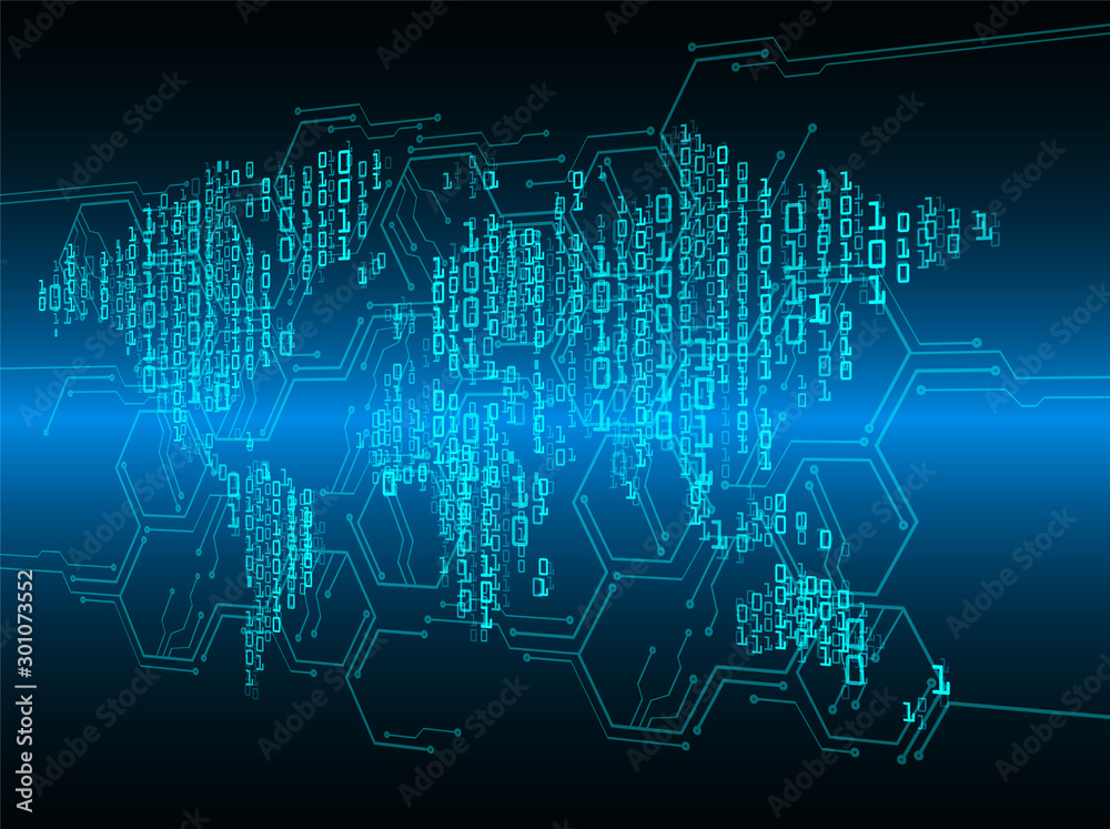 world map, binary circuit board future technology, blue cyber security concept background, abstract hi speed digital internet. world map, binary circuit board future technology, blue cyber security concept background, abstract hi speed digital internet.