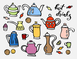 Cezve, Teapot, Сoffee pot, Sweets, Mug, Cup, Lettering Hot Drinks. Beverages Tea, Cocoa, Latte.