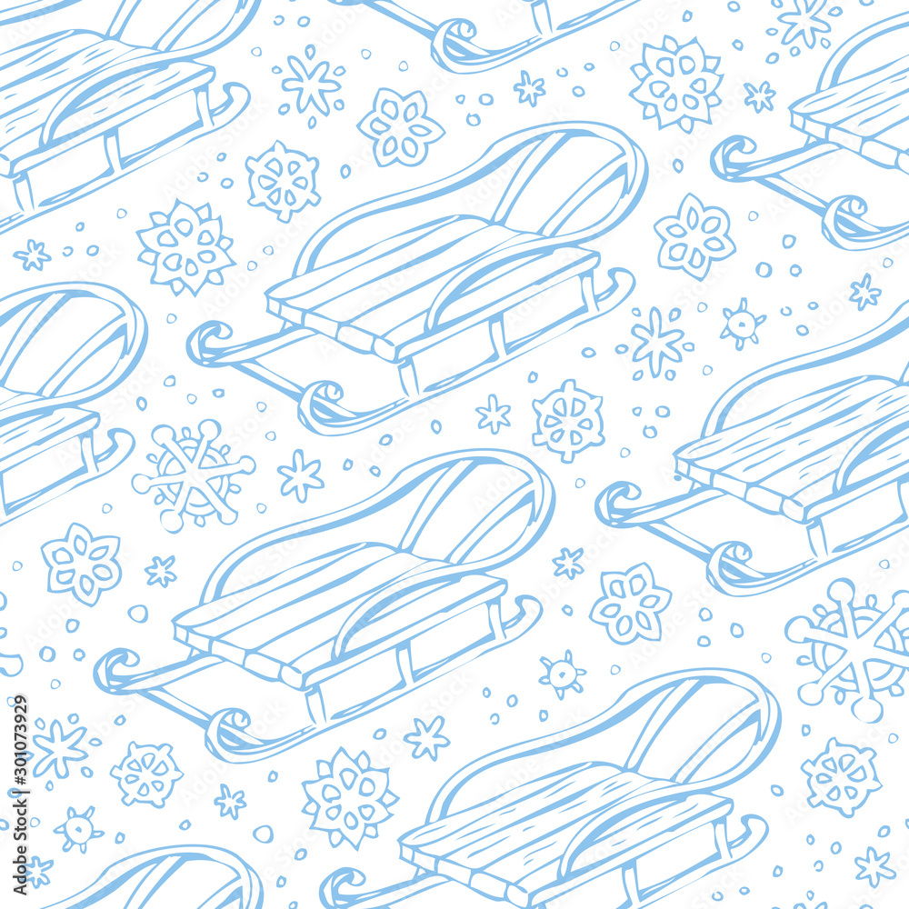 Naklejka Winter seamless pattern with Snowflakes and Sledges