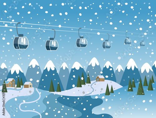 Mountain Skiing Resort. Winter Landscape. Ropeway, Cable car, Funicular. Snowfall in the mountains. Vector illustration.