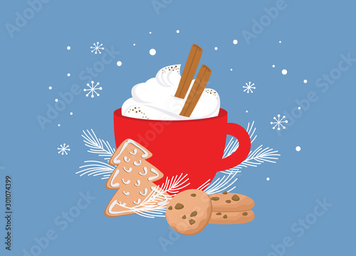 Christmas greeting card, winter invitation with red cup of hot drink. Cocoa or coffee decorated with cinnamone sticks, gingerbread cookie and fir tree branches. illustration background photo