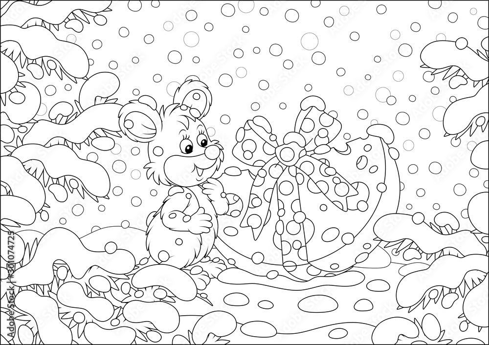 Fototapeta premium Little mouse with a Christmas gift cheese under snow-covered branches of firs in a winter forest on a beautiful snowy day, black and white vector cartoon illustration for a coloring book