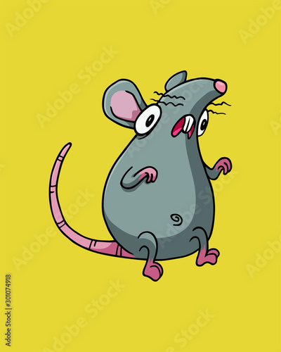 Shocked or scared looking gray rat or mouse. Vector Illustration isolated on flat yellow background for kids book or for chinese new year of the rat. For children. Emotions, frightened animal.