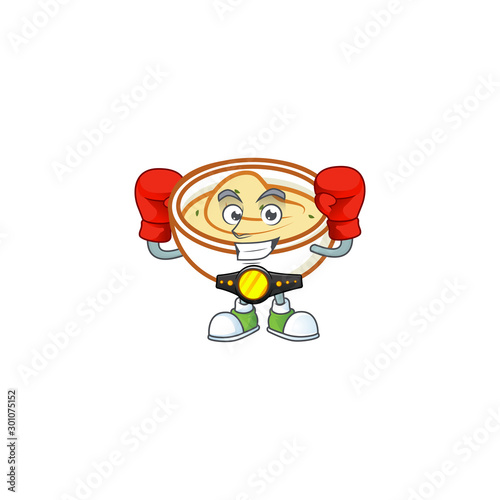 Mashed potatoes cartoon character with mascot boxing.