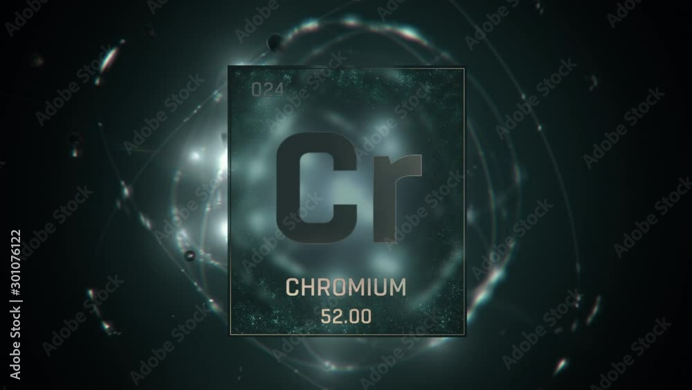 Chromium as Element 24 of the Periodic Table. Seamlessly looping 3D animation on green illuminated atom design background with orbiting electrons. Design shows name, atomic weight and element number Chromium as Element 24 of the Periodic Table. Seamlessly looping 3D animation on green illuminated atom design background with orbiting electrons. Design shows name, atomic weight and element number