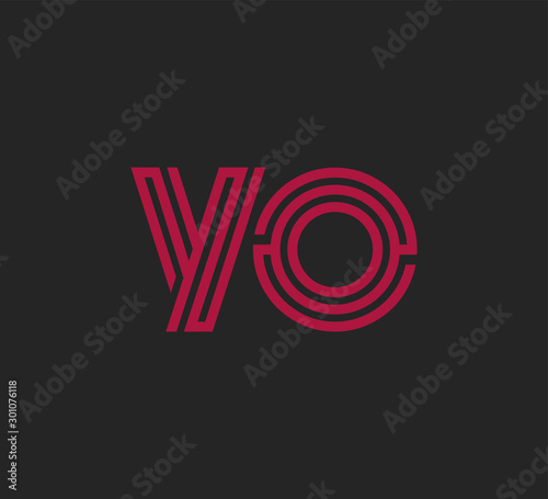 Initial two letter red line shape logo on black vector YO