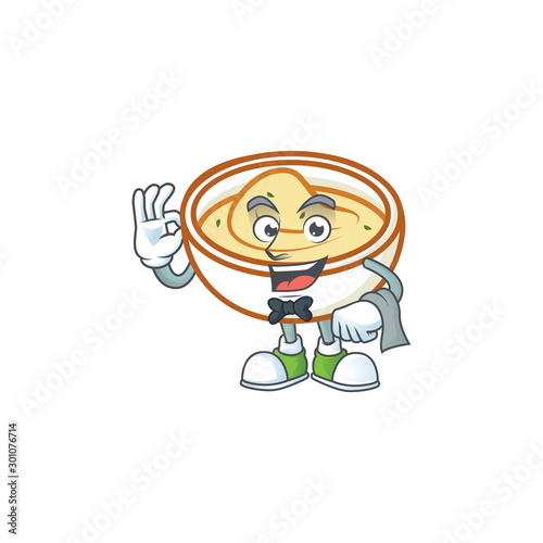 Delicious mashed potatoes with waiter mascot character