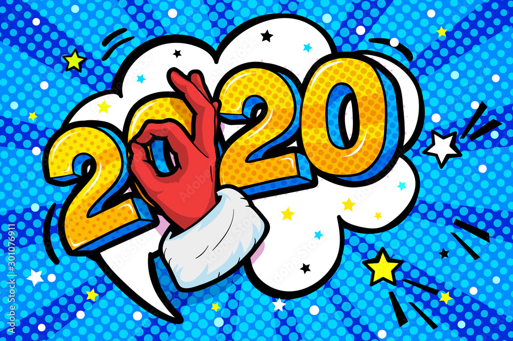 New Year greating card. Blue numbers 2020 in word bubble.