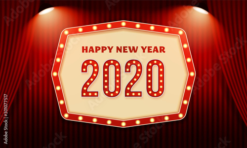 Happy new year 2020 billboard typography text celebration poster design. Red curtain theater stage background with spotlight effect vector illustration