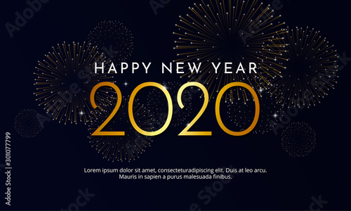 Happy New Year 2020 golden typography with light effect and gold fireworks explosion background vector illustration poster design.