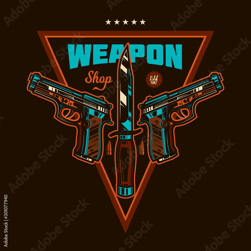 Original vector emblem with the image of a fighting knife, guns and bullets in retro style.