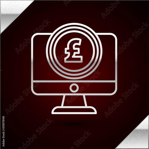 Silver line Computer monitor with pound sterling symbol icon isolated on dark red background. Online shopping concept. Earnings in the Internet. Vector Illustration