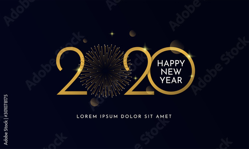 Happy new year 2020 typography text celebration poster design. glowing golden number with gold fireworks explosion element and dark sky background vector illustration.