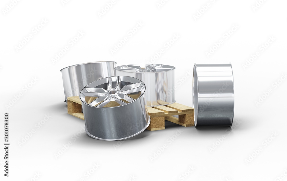 Four Large Sport Alloy Rim in a jumble on a Wood pallet Four Large Sport Alloy Rim in a jumble on a Wood pallet