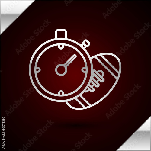 Silver line American Football ball and stopwatch icon isolated on dark red background. Set of sport equipment. Vector Illustration