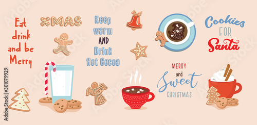 set of winter drinks, phrases and gingerbread cookies. Winter set for Christmas or New Year designs.
