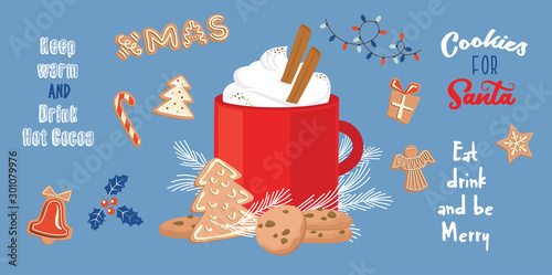 set of winter drinks, phrases and gingerbread cookies. Winter set for Christmas or New Year designs.