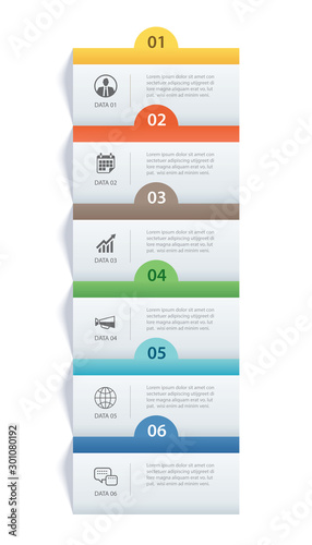 Infographics rectangle paper index with 6 data template. Vector illustration abstract background. Can be used for workflow layout, business step, banner, web design.