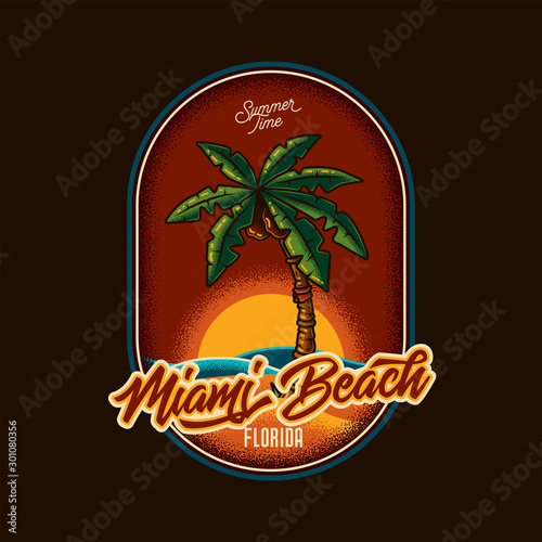 Original vector illustration in retro style. Emblem with palm tree on the beach, against the background of the sea and sunset.