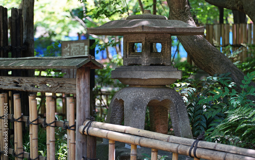 Japanese garden lantern and bamboo fence
